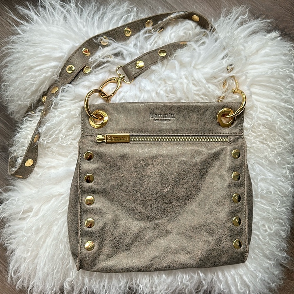 Hammit gray leather cross body bag with gold studded detail